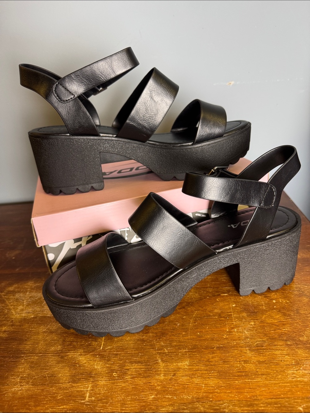 Soda Black Chunky Platform Strappy Sandal with Buckle - Picture 4 of 8